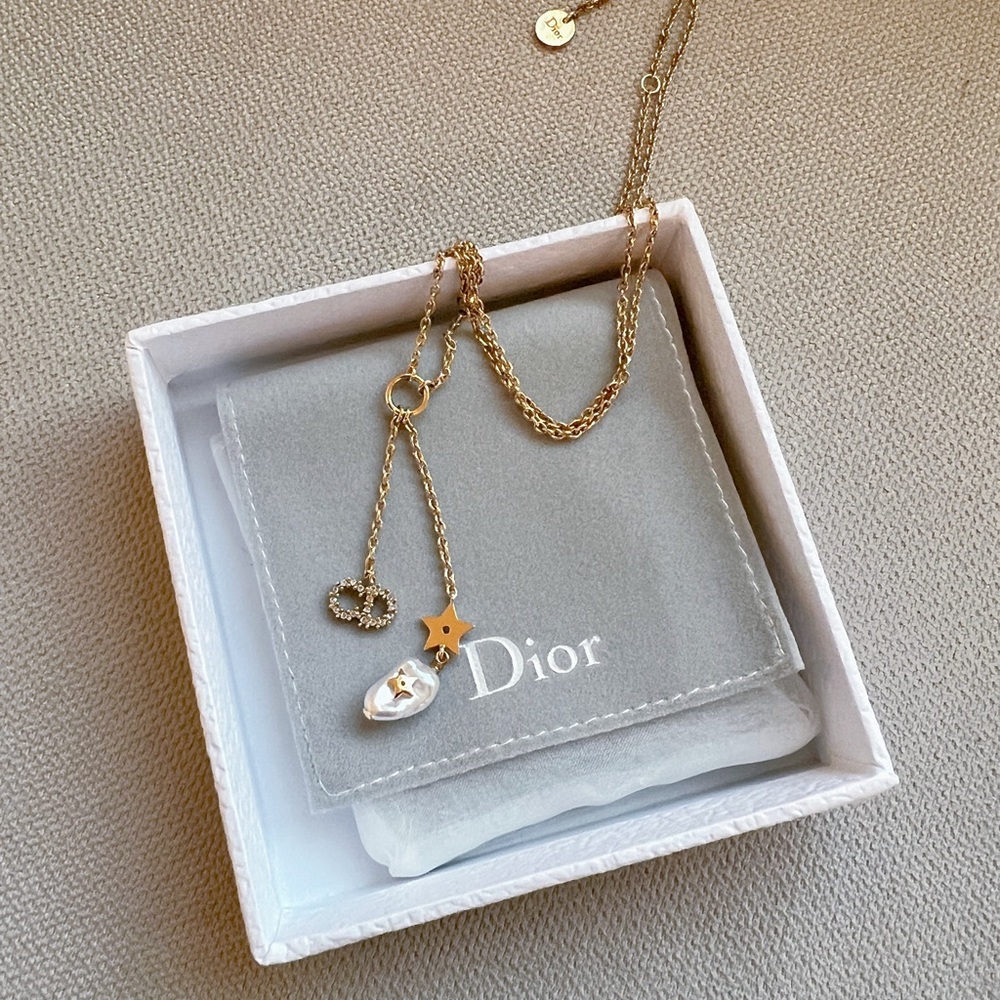 Dior Necklace With Gold-Finish Metal, White Resin Pearls and White Crystals